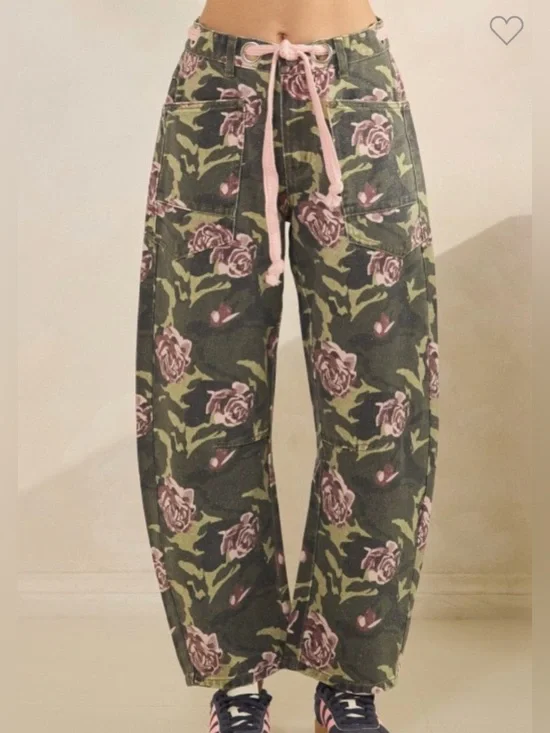 Floral Wide-Leg Barrel Pants or Jeans- Olive with Pink Roses - Picture 2 of 7
